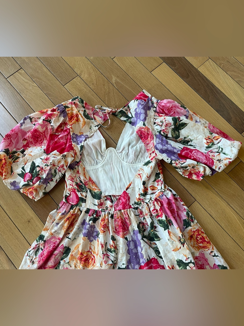 Buddy Love Floral Puff Sleeve Mini Dress L Cottagecore Scalloped Bust Boho - Picture 12 of 16